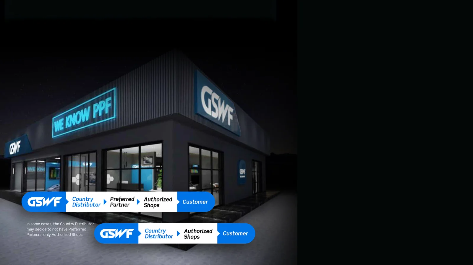 GSWF showroom exterior at night, showcasing 'We know PPF' signage